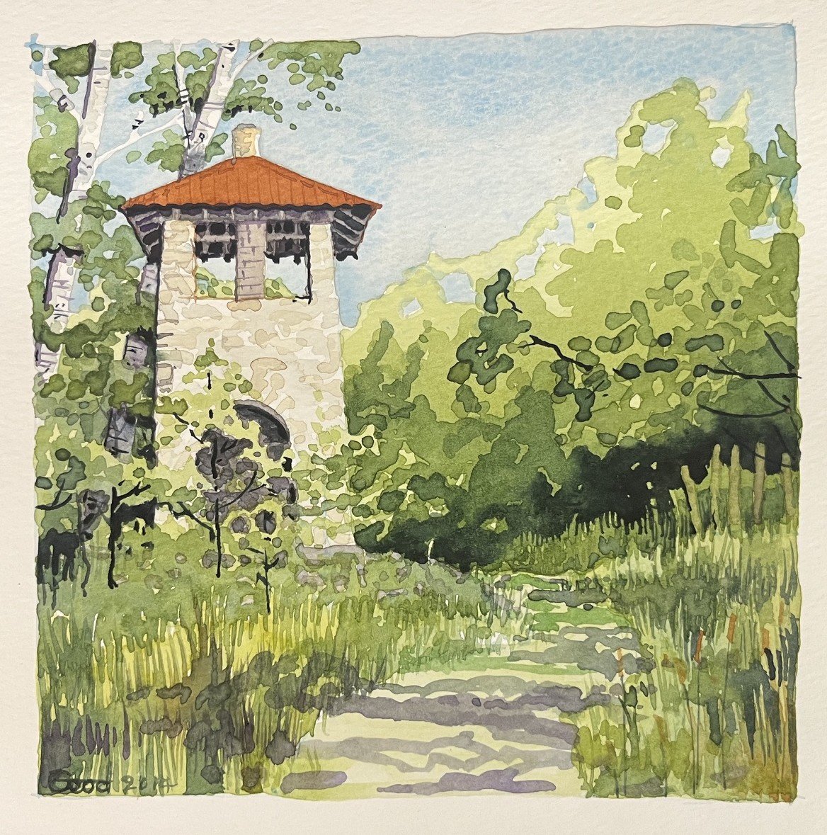 "Water Tower Rock Island" 
6" x 6" transparent watercolor. SOLD