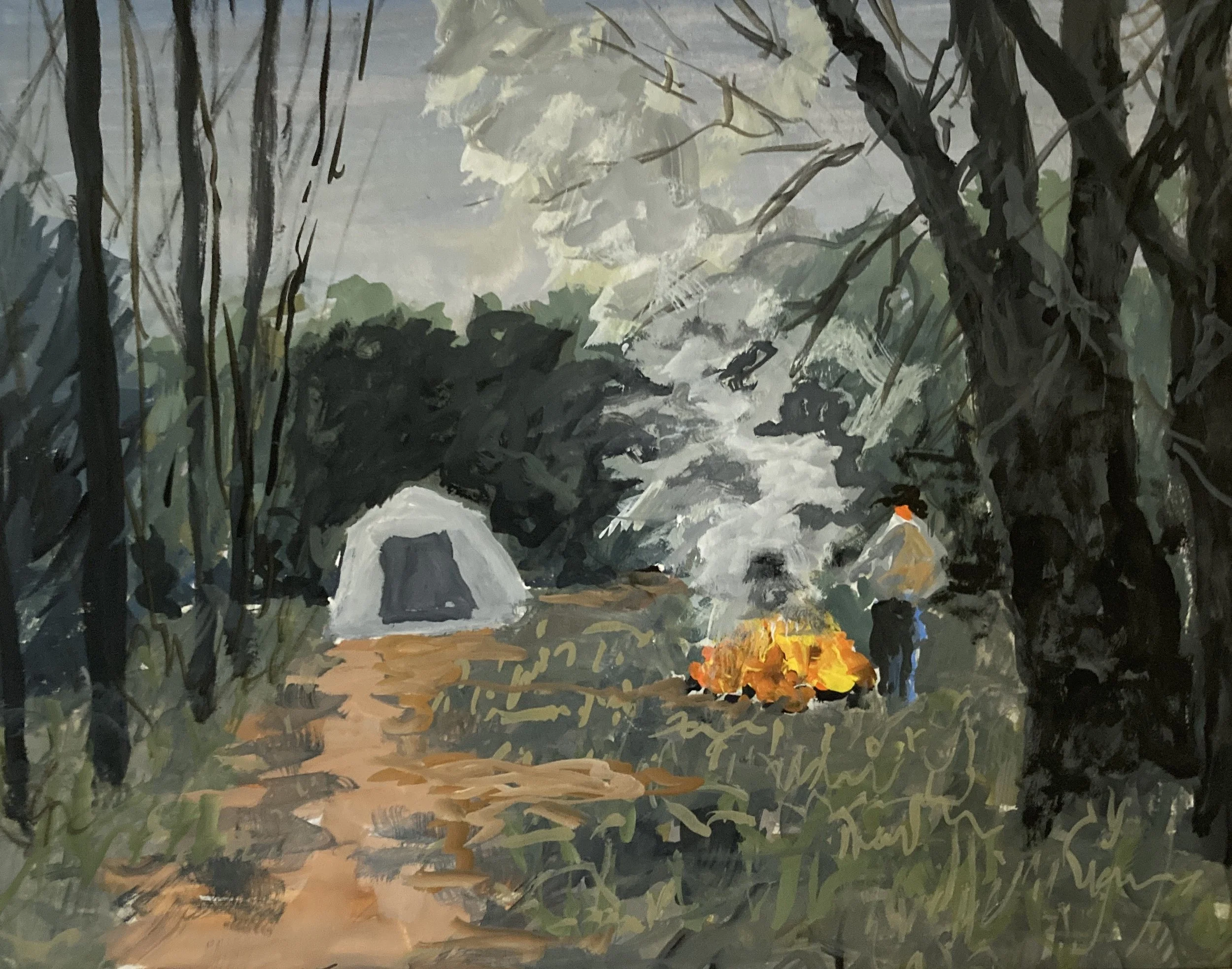 "Fire's Ready"   14" x 11"   Gouache 
$150 , gallery purchase only.