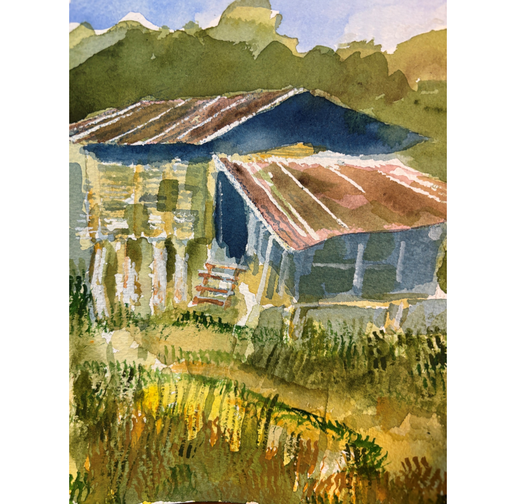 "Shack Near Pha Dok Siao Falls"  - Transparent watercolor, approximately 7" x 10", matted and framed. Not for sale.