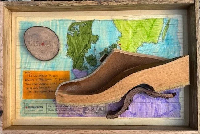 "Daddy Went to Sweden, 1967" Construct, mixed media with found objects, approximately 12" x 18".  $150 - at gallery purchase only.