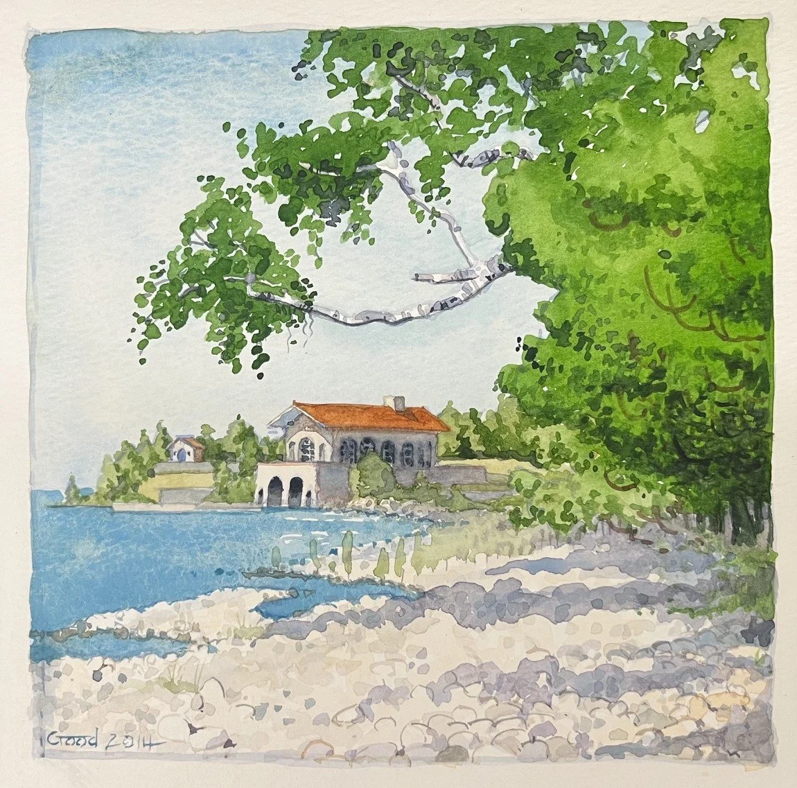 "Rocky Beach Rock Island" 
6" x 6" transparent watercolor. Matted and framed, $200 at gallery only.
