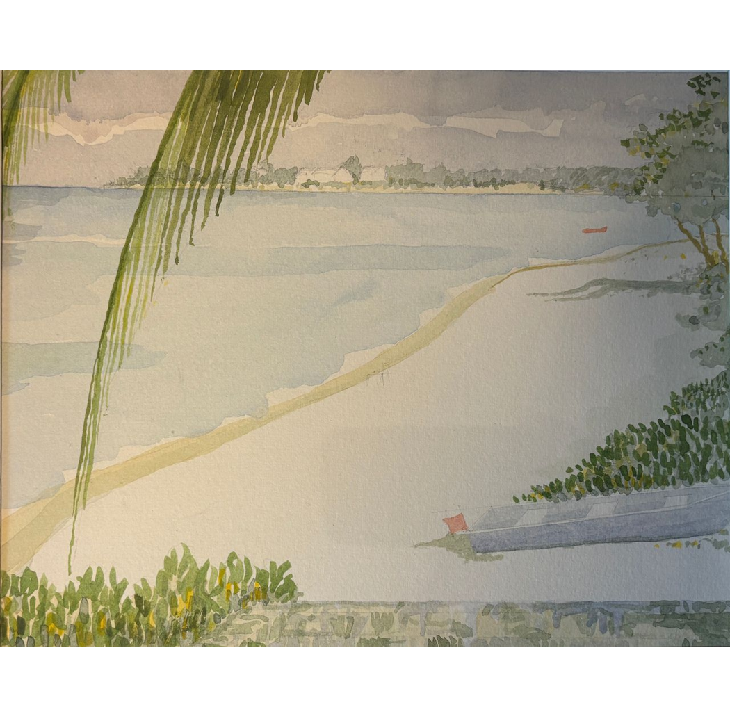 "Grand Cayman Morning"  - Transparent watercolor, approximately 10" x 7", matted and framed. $ 150 at gallery purchase only. SOLD