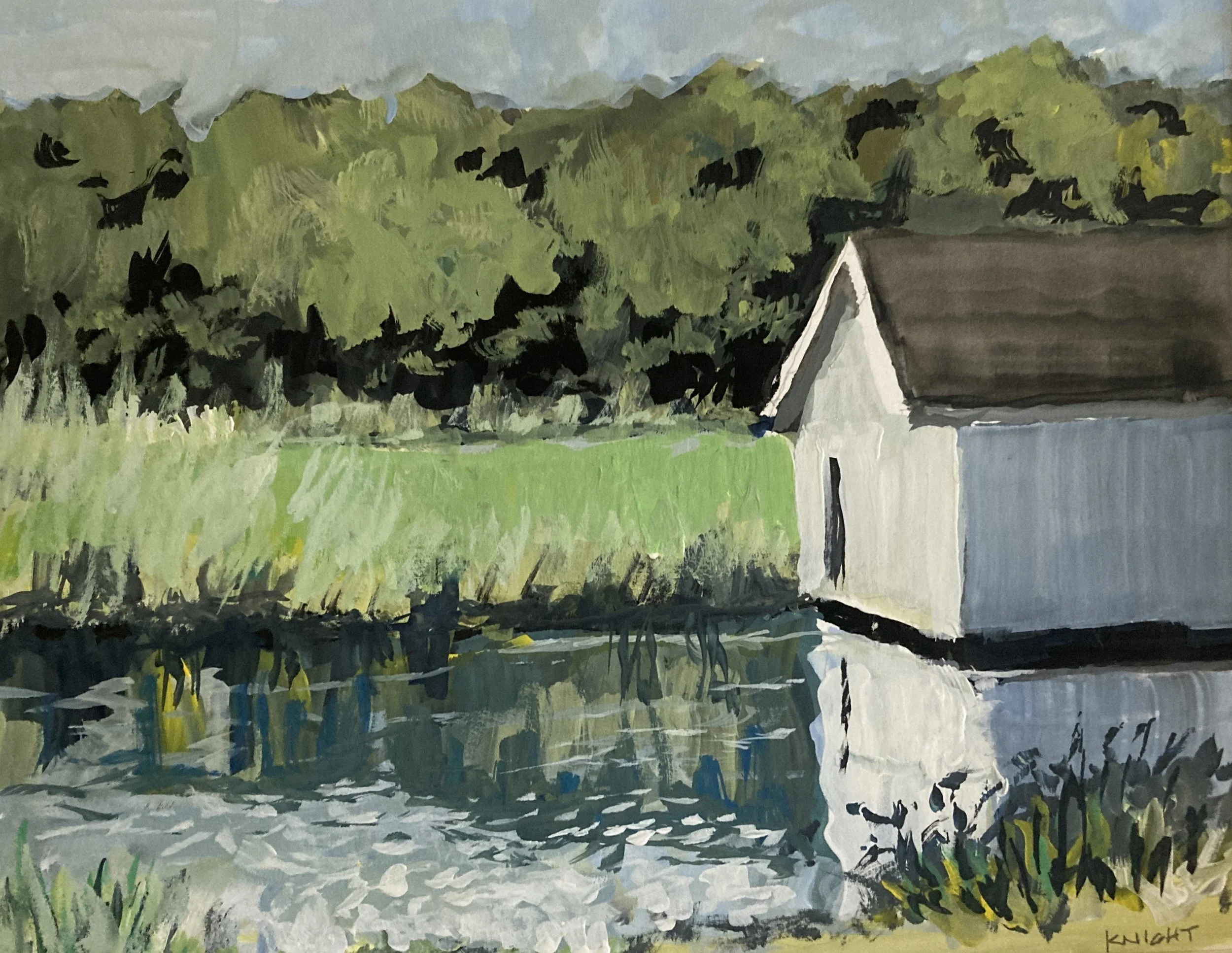 "Mink Pond Boathouse"   14" x 11"   Gouache 
$150 , gallery purchase only. SOLD