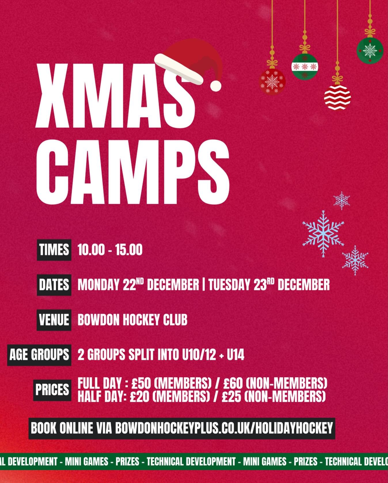 🎄 Bowdon HC Christmas Camps!  Join us on 22nd &amp; 23rd December (10:00-15:00) for two action packed days of hockey at Bowdon Hockey Club. 
💥 Technical development 🎯 Mini games 🎁 Prizes to be won 
Players will train in two groups: U10/12 and U14