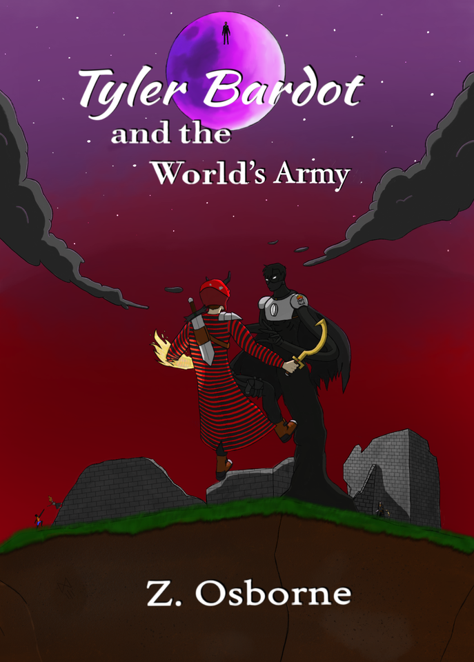 Book cover for 'Tyler Bardot and the World's Army' by Z. Osborne, featuring a dark sky with a large purple moon, two characters fighting atop a floating island.