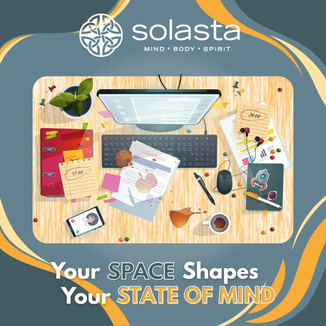 The spaces we spend time in can quietly influence how we feel.
Clutter, lighting, noise, and even scent can impact mood, focus, and stress levels.

Try a small reset today: open a window, tidy your desk, or add something that brings calm. A candle, p