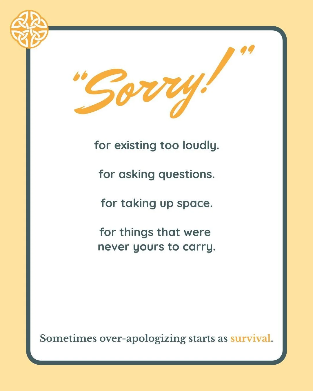 Some people learned very early that being &ldquo;easy,&rdquo; quiet, agreeable, or overly apologetic kept them safe.

So eventually the apology becomes automatic. Even when they&rsquo;ve done nothing wrong. 🧡

#Halifax #NovaScotia #MentalHealth #The