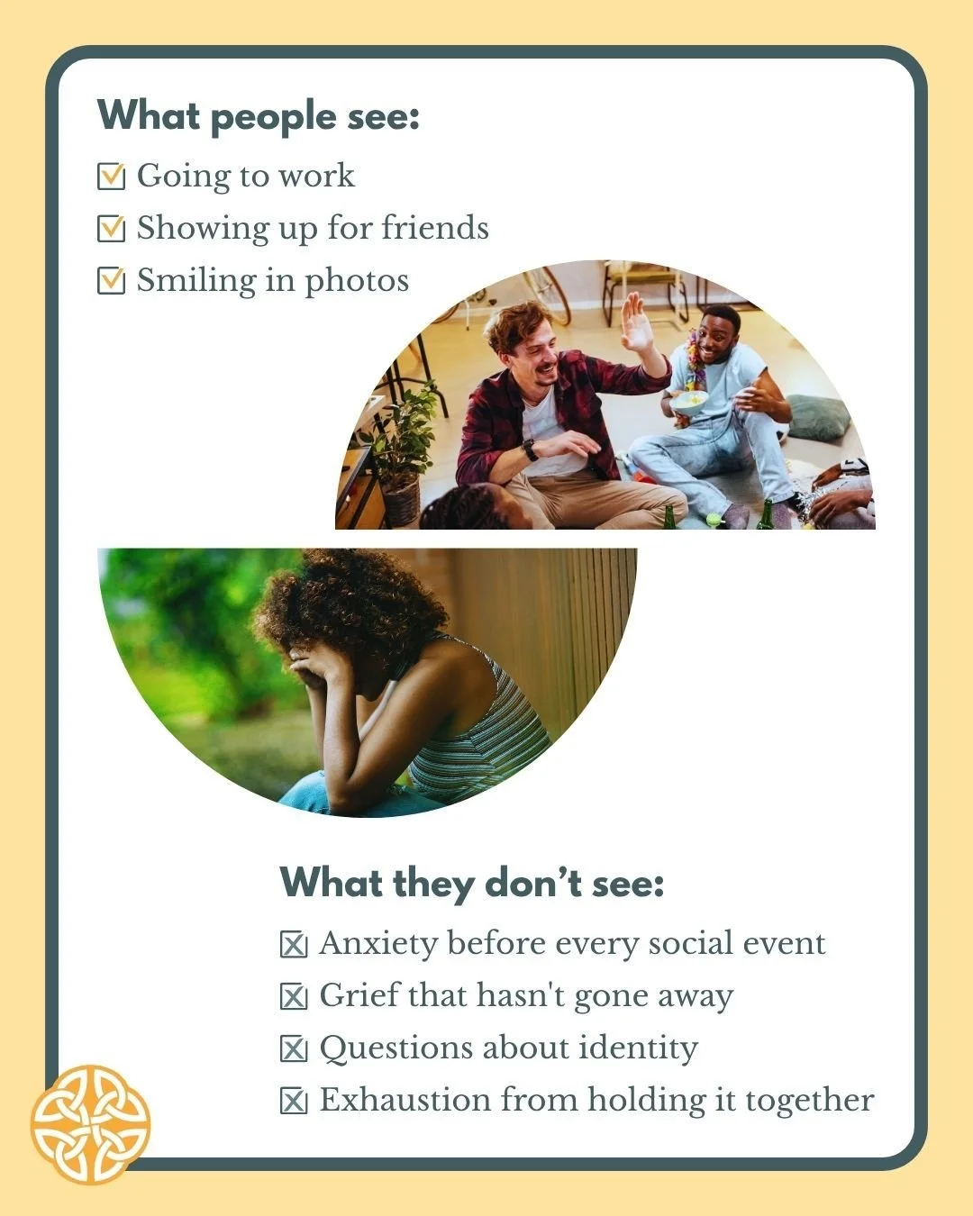 Struggles aren't always visible. People become experts at appearing "fine" while carrying stress, anxiety, grief, burnout, loneliness, or uncertainty beneath the surface. 🧡

Whether you're questioning who you are, navigating a difficult se