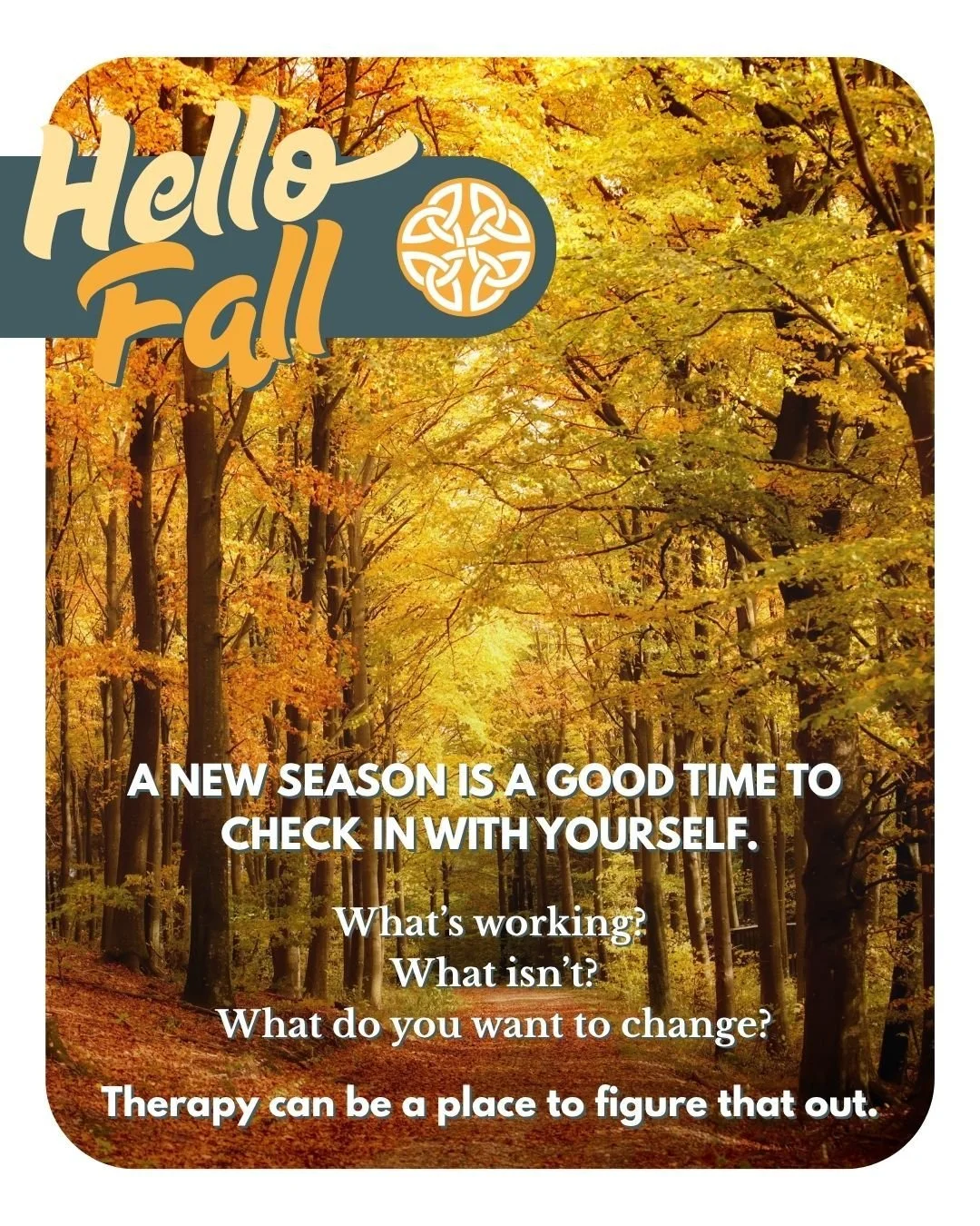 A changing season can be a good time to pause and ask yourself a few honest questions about how you're doing and where you want to go next.

You don't have to wait for things to fall apart to talk to someone.

Therapy can be a space to check in, make