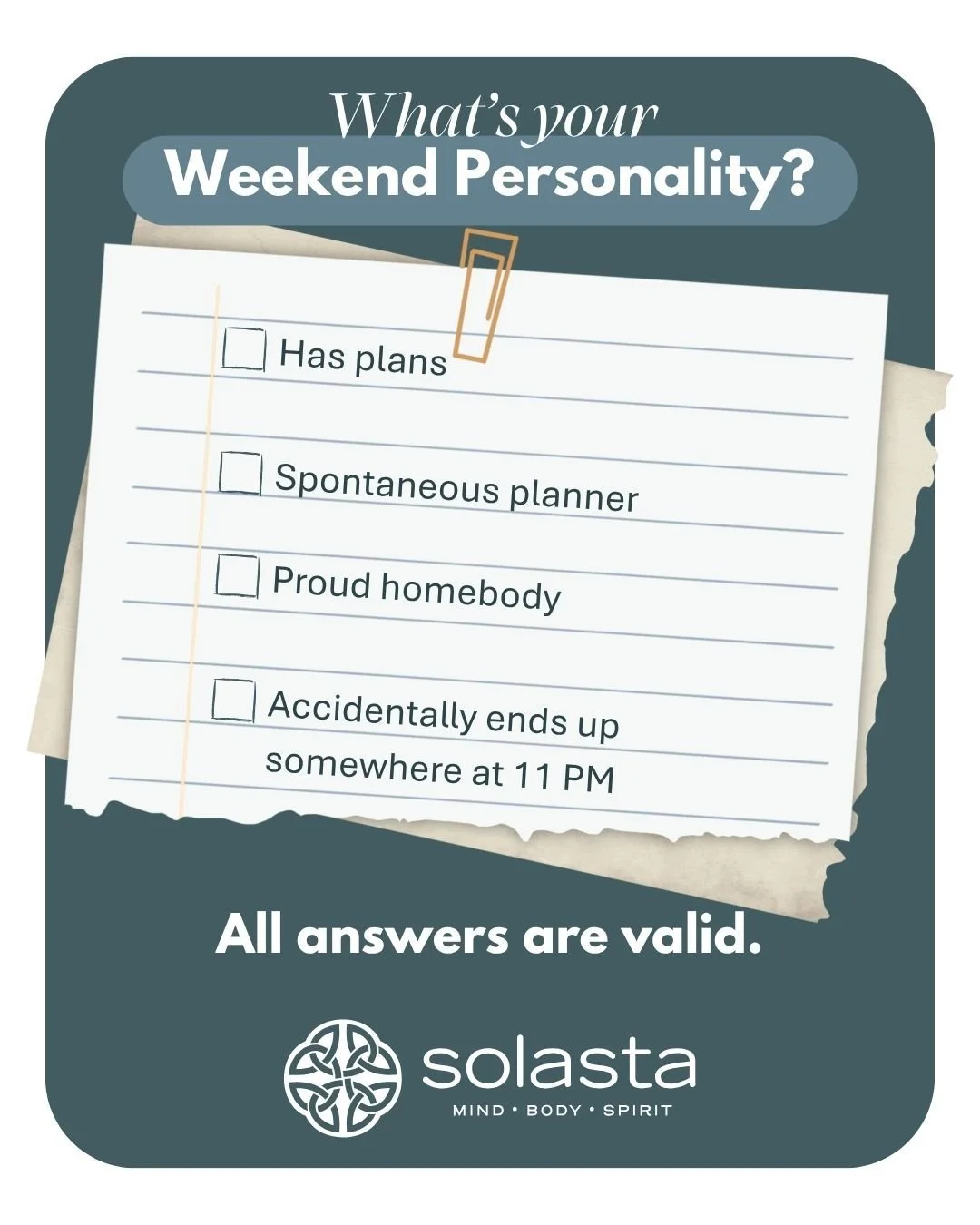 There&rsquo;s no one right way to spend a weekend, but understanding yourself a little better can make it easier to make choices that actually feel like yours.

Whatever your weekend has in store, we hope you get a little time to be yourself. 💛

#So