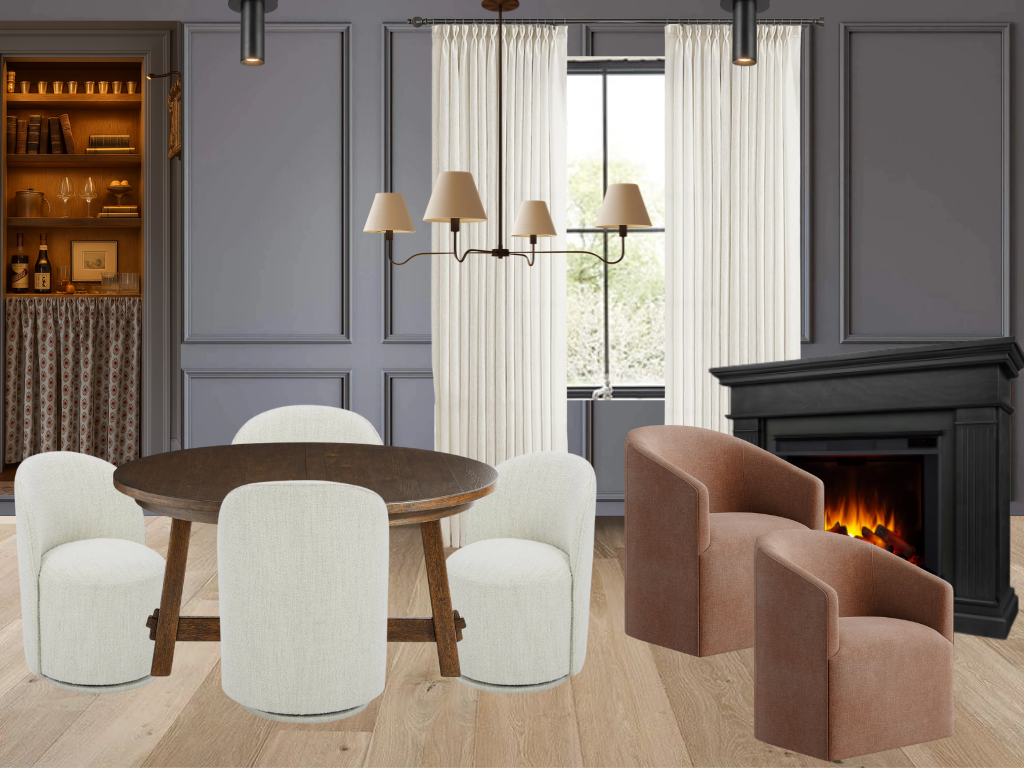 A living room with a round wooden dining table, five white upholstered chairs, a fireplace with a black mantle and a fire burning, two brown armchairs, a window with beige curtains, a chandelier with four lamps, and a built-in woody cabinet with shelves and a curtain.