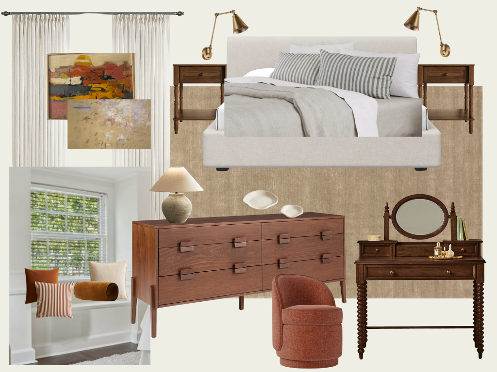 A bedroom with a white upholstered bed, two wooden nightstands with brass wall-mounted lamps, a beige rug, and a wooden dresser with a table lamp and decorative items. There are also two abstract paintings, a window with white curtains, and a seating nook with pillows in front of the window.