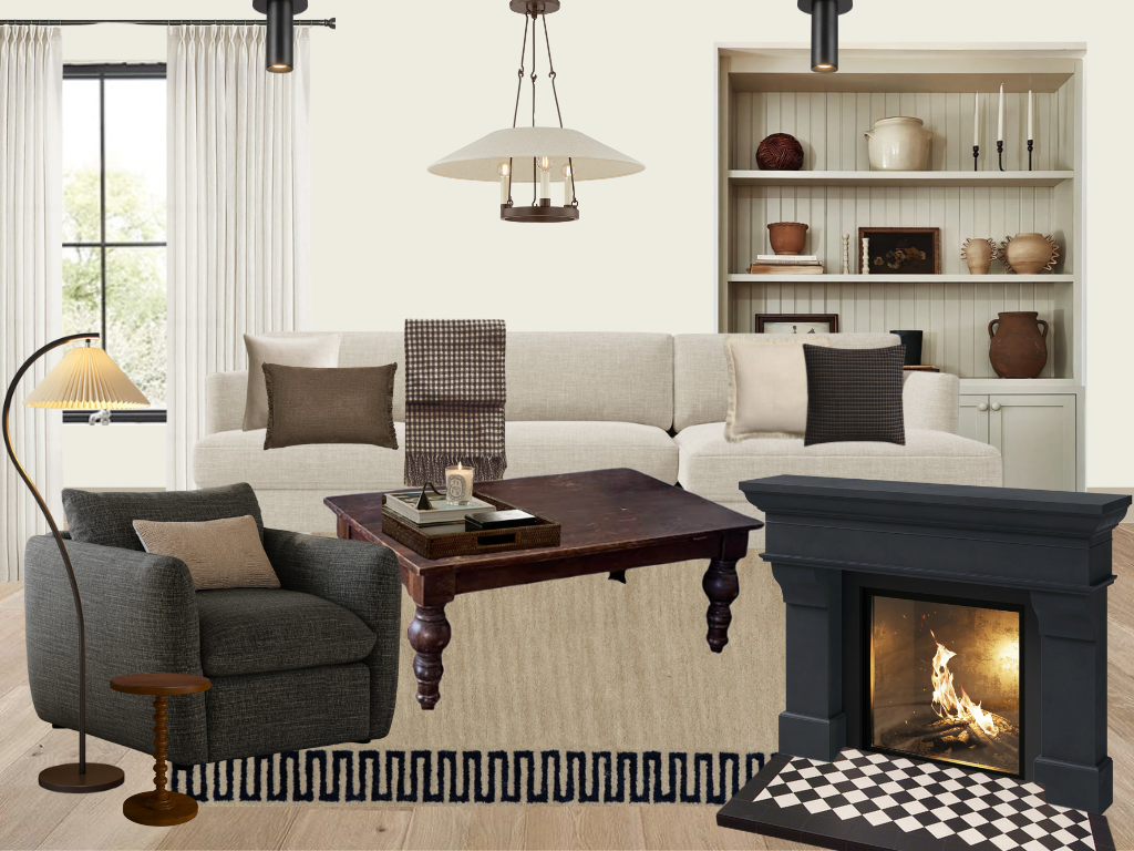 Living room with a white sectional sofa, a dark armchair with a side table, a wooden coffee table, a fireplace with flames, a tall black floor lamp, a ceiling light fixture, and a built-in bookshelf with decorative items against a white wall.