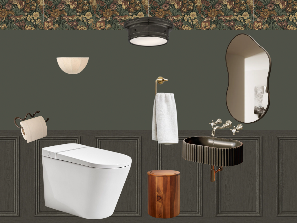 A modern bathroom with a wall-mounted toilet, a black oval sink with an ornate textured exterior, a mirror, a wall-mounted towel holder with a white towel, a wall-mounted holder with a toilet paper roll, a small wooden stool, a ceiling light, and decorated wallpaper with floral pattern at the top.