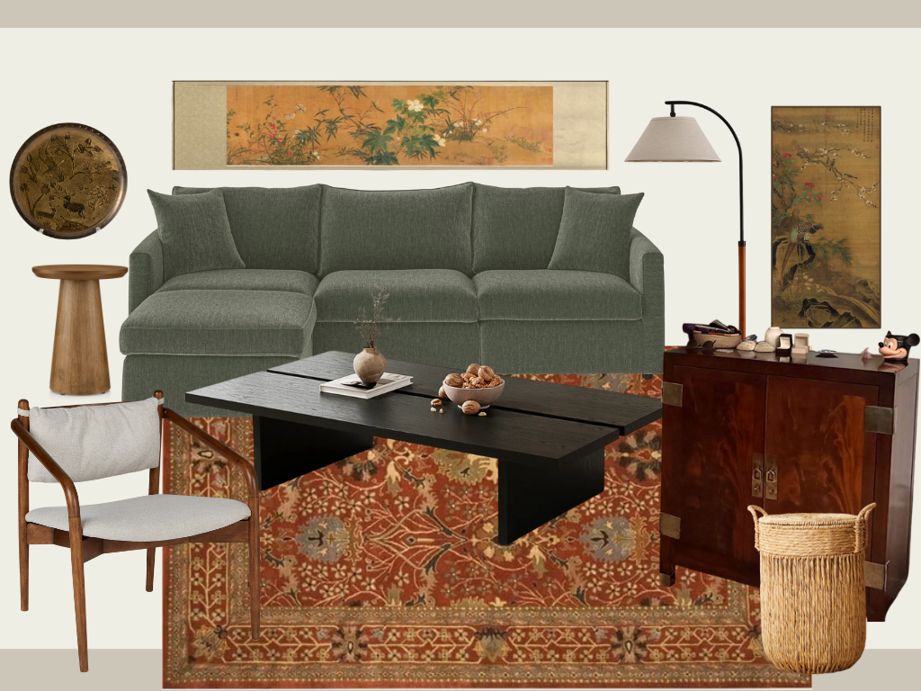 Living room with a green sofa, black coffee table, oriental rug, wooden side cabinet, armchair, floor lamp, and Asian-style wall hangings.
