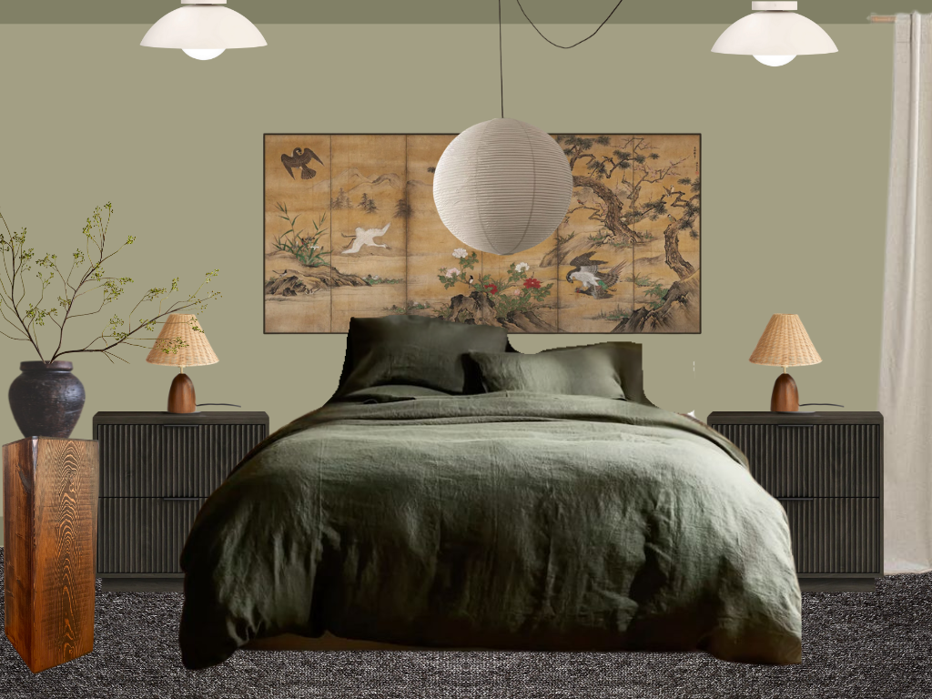 Bedroom with green bedding, two black nightstands with beige lamps, a large art piece with Asian-inspired landscape, a tall vase with branches on a wooden stand, and a paper pendant light hanging from the ceiling.
