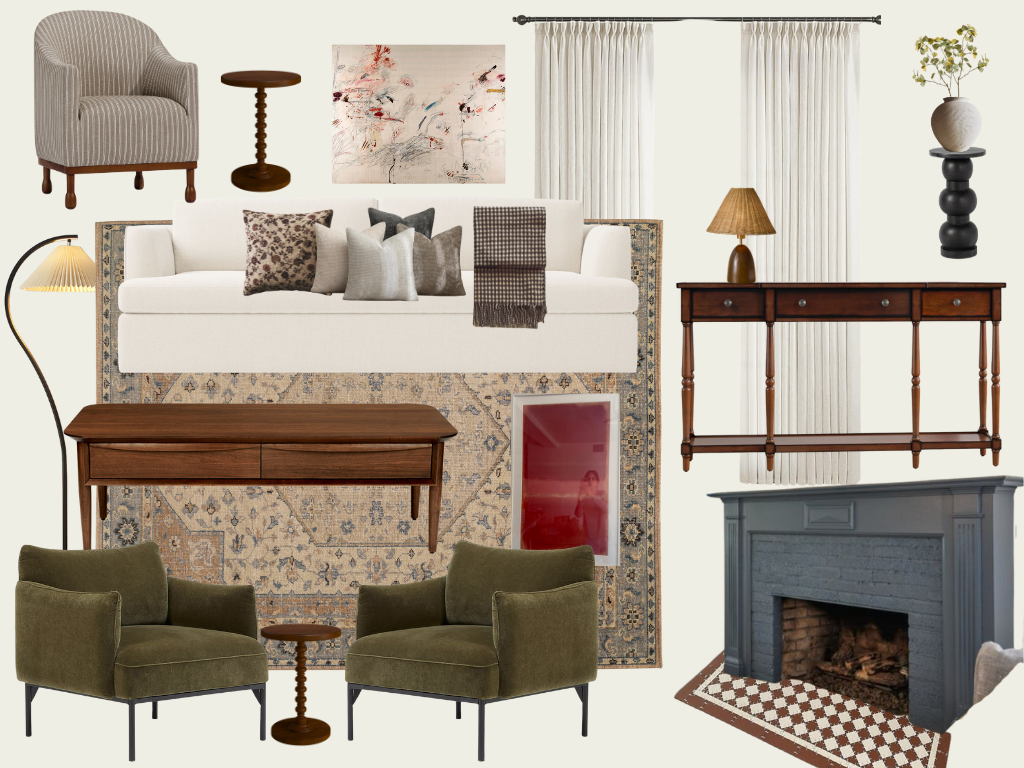 Collage of living room furniture and decor, including a beige striped armchair, round side table, abstract art painting, white curtains, potted plant, arched floor lamp, white sofa with pillows, wooden coffee table, patterned area rug, green armchairs with a small round table, framed art, wooden sideboard with a table lamp, and gray brick fireplace with a checkered hearth.