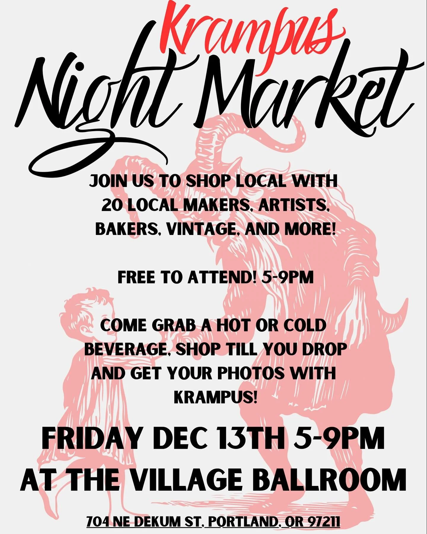 Join us Friday December 13th from 5-9pm for a night of shopping local from some@of Portlands fabulous makers and vintage slingers! Get your Holiday photos with Krampus and have a grand old time! We will have vintage, art, greeting cards, tooth gems, 