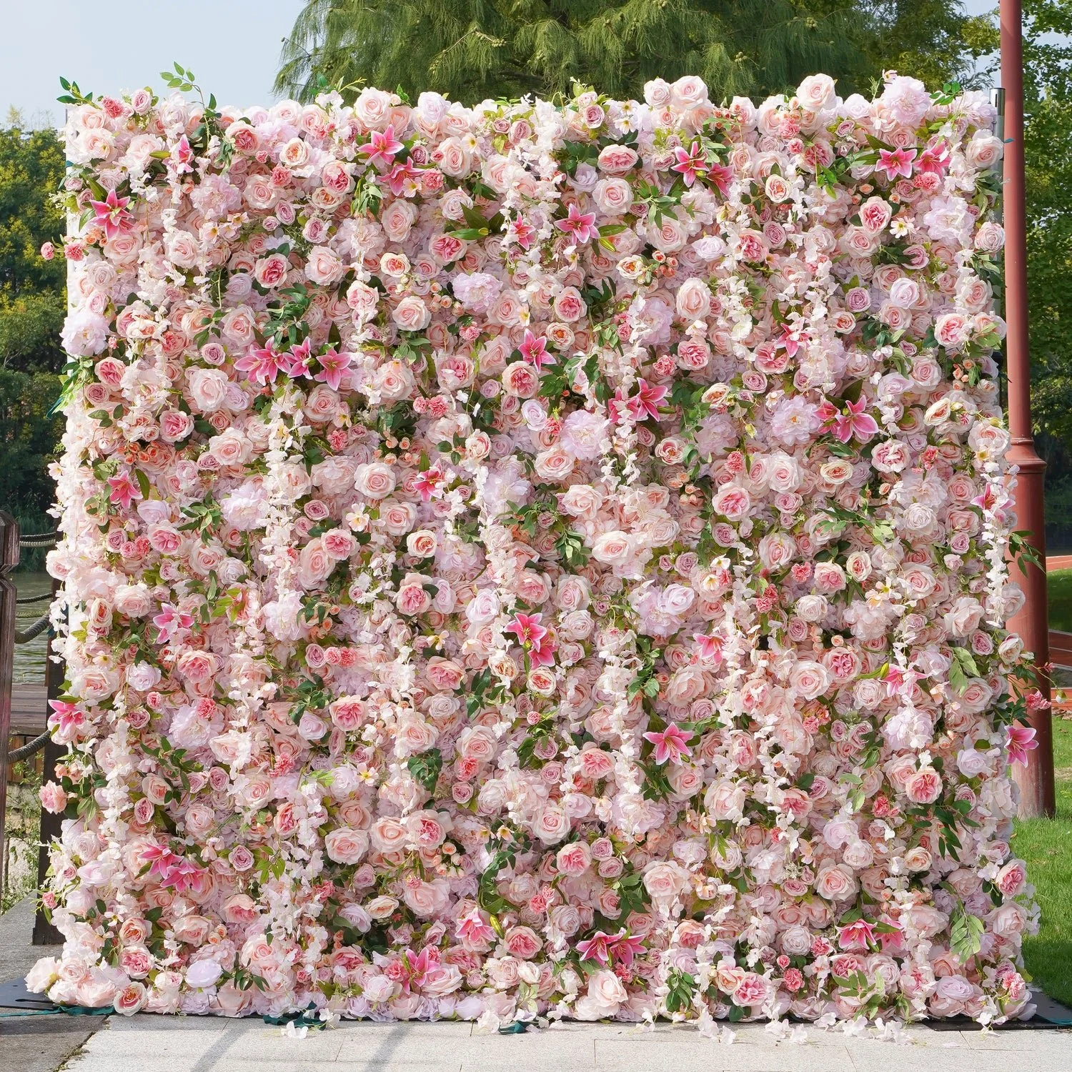 Cindy pink rose, peony, lily and wisteria flower wall, by Blooms by Lily