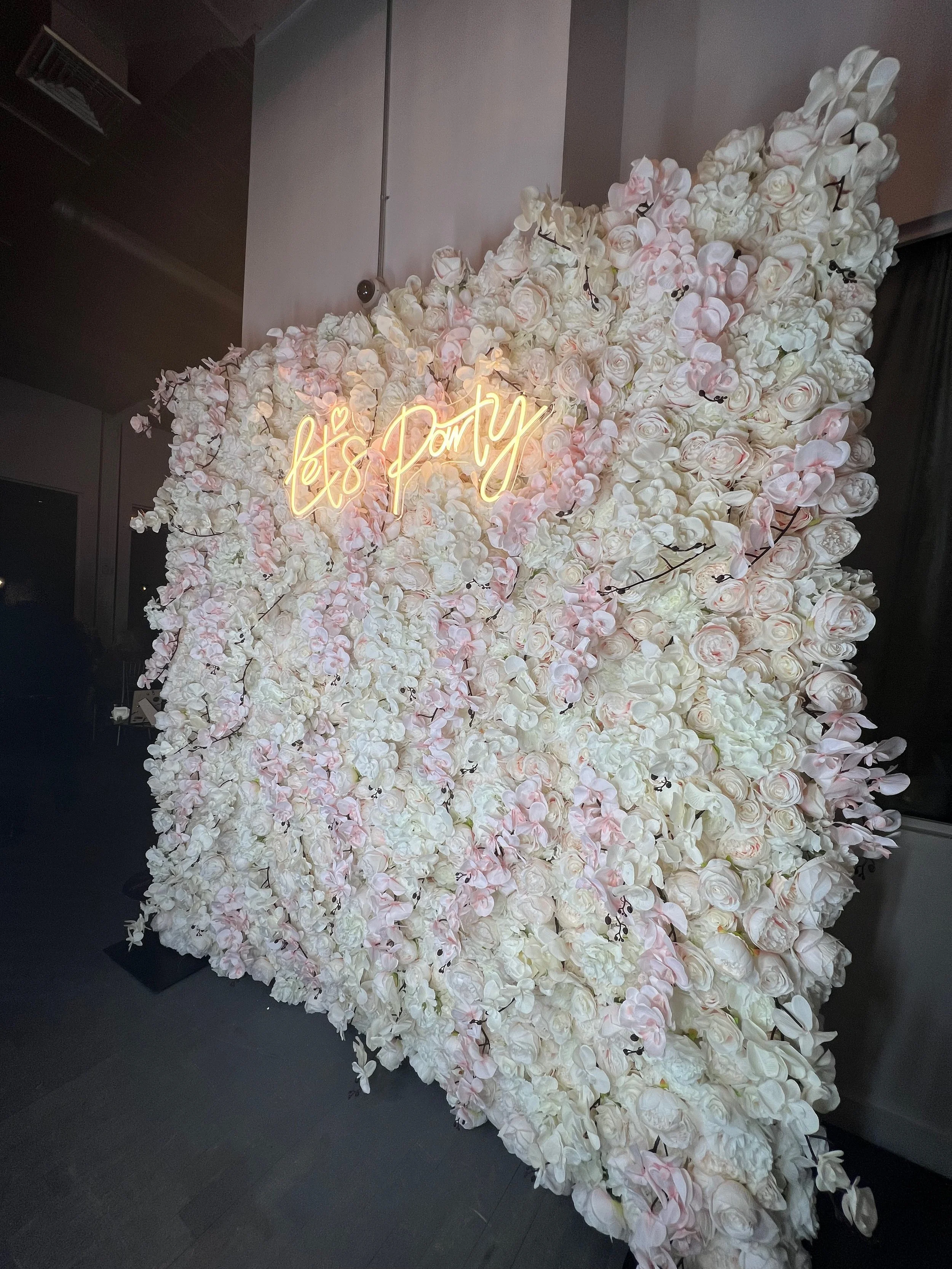White and blush rose flower wall, by Blooms by Lily