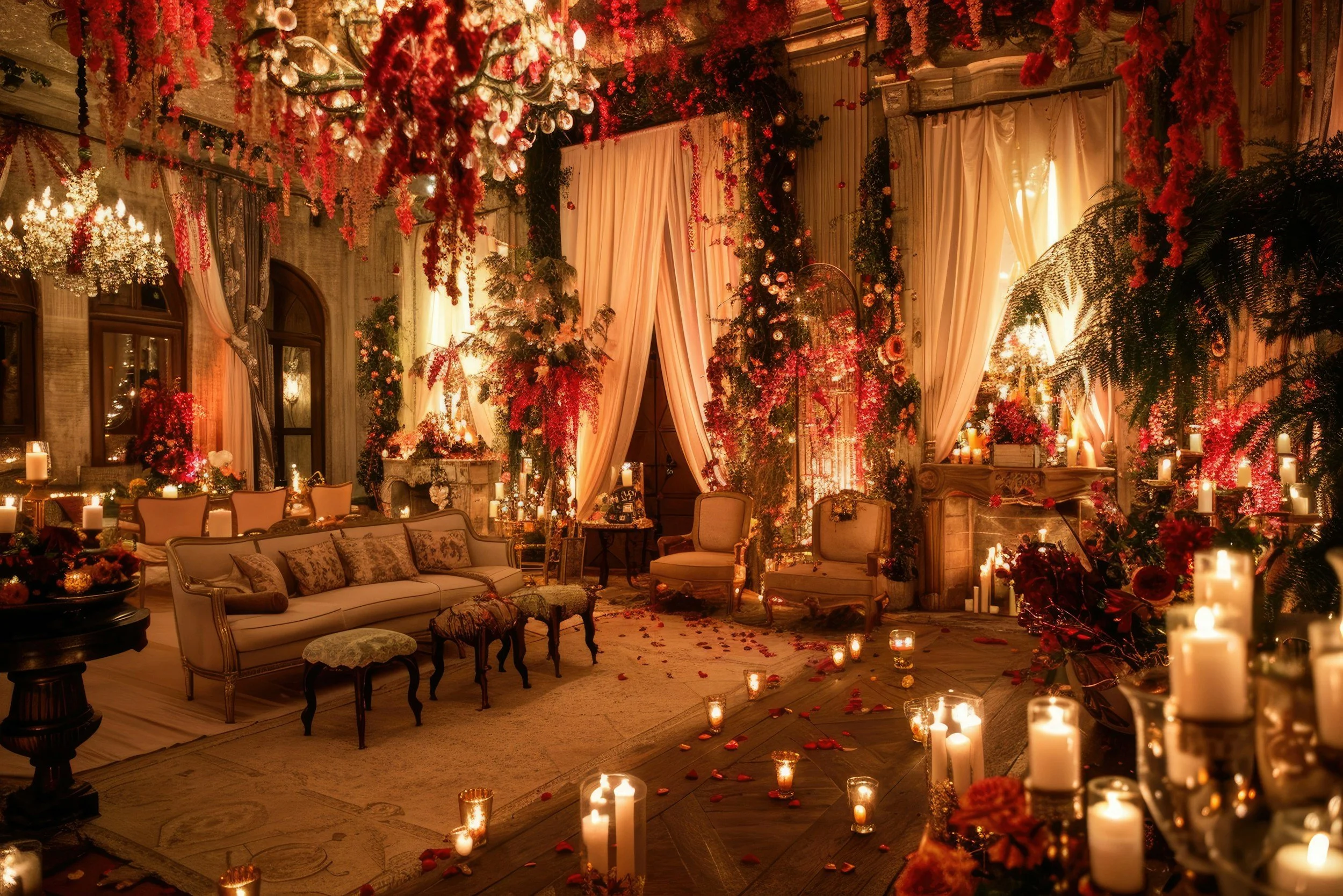 Luxurious indoor setting decorated for a romantic celebration with warm lighting, abundant candles, floral arrangements, draped curtains, elegant furniture, and scattered rose petals.