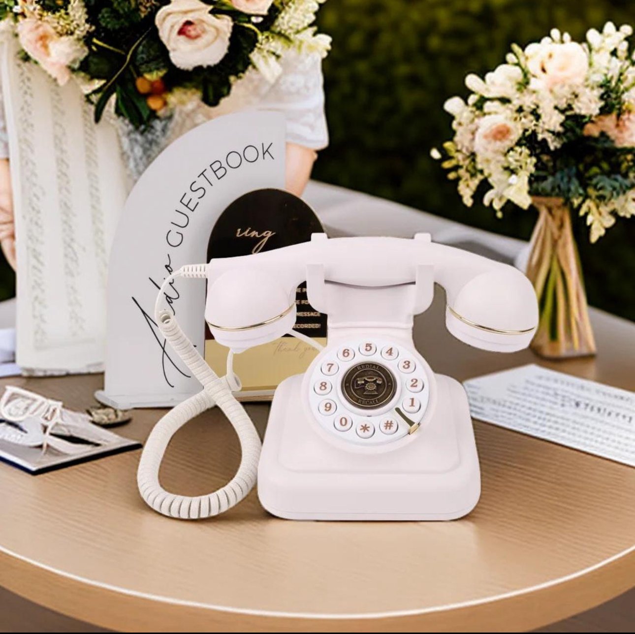 Vintage white rotary phone audio guest book with flowers, available to rent for weddings and events in NJ from Blooms by Lily