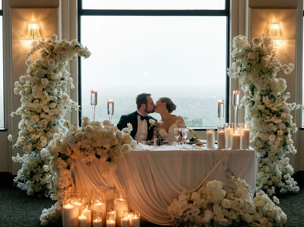 Natasha and Grant at their sweetheart table, framed by white florals and candles at The Highlawn, by Blooms by Lily.