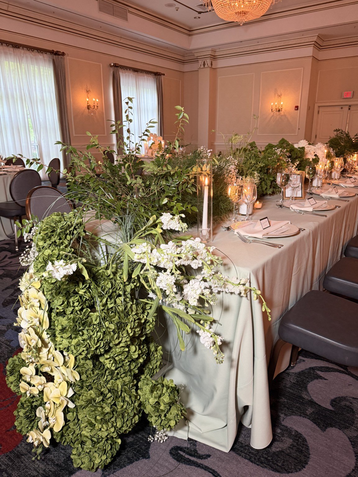 Draping and greenery at the Hilton Pearl River in Pearl River, NY, by Blooms by Lily