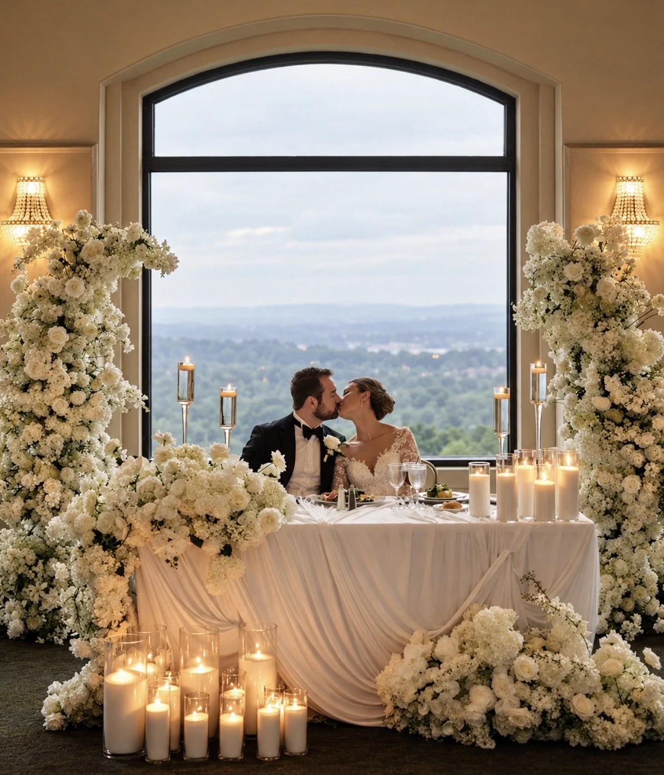 Sweetheart table with white flowers, draping and candles at The Highlawn in West Orange, NJ, by Blooms by Lily