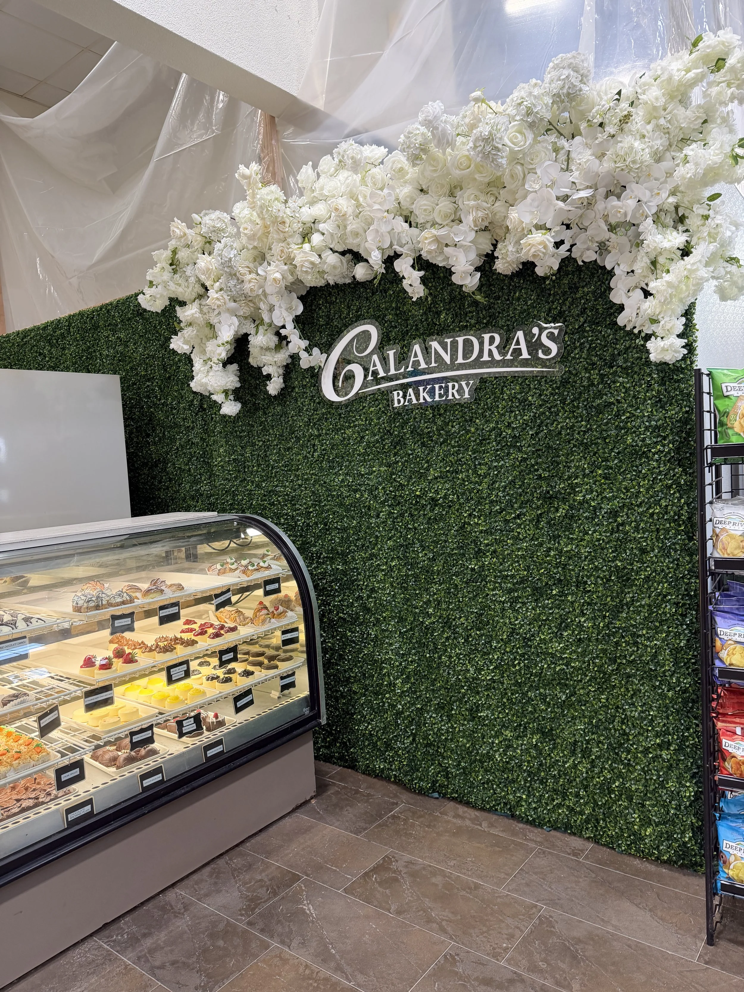 Boxwood wall with white blooms above a bakery counter