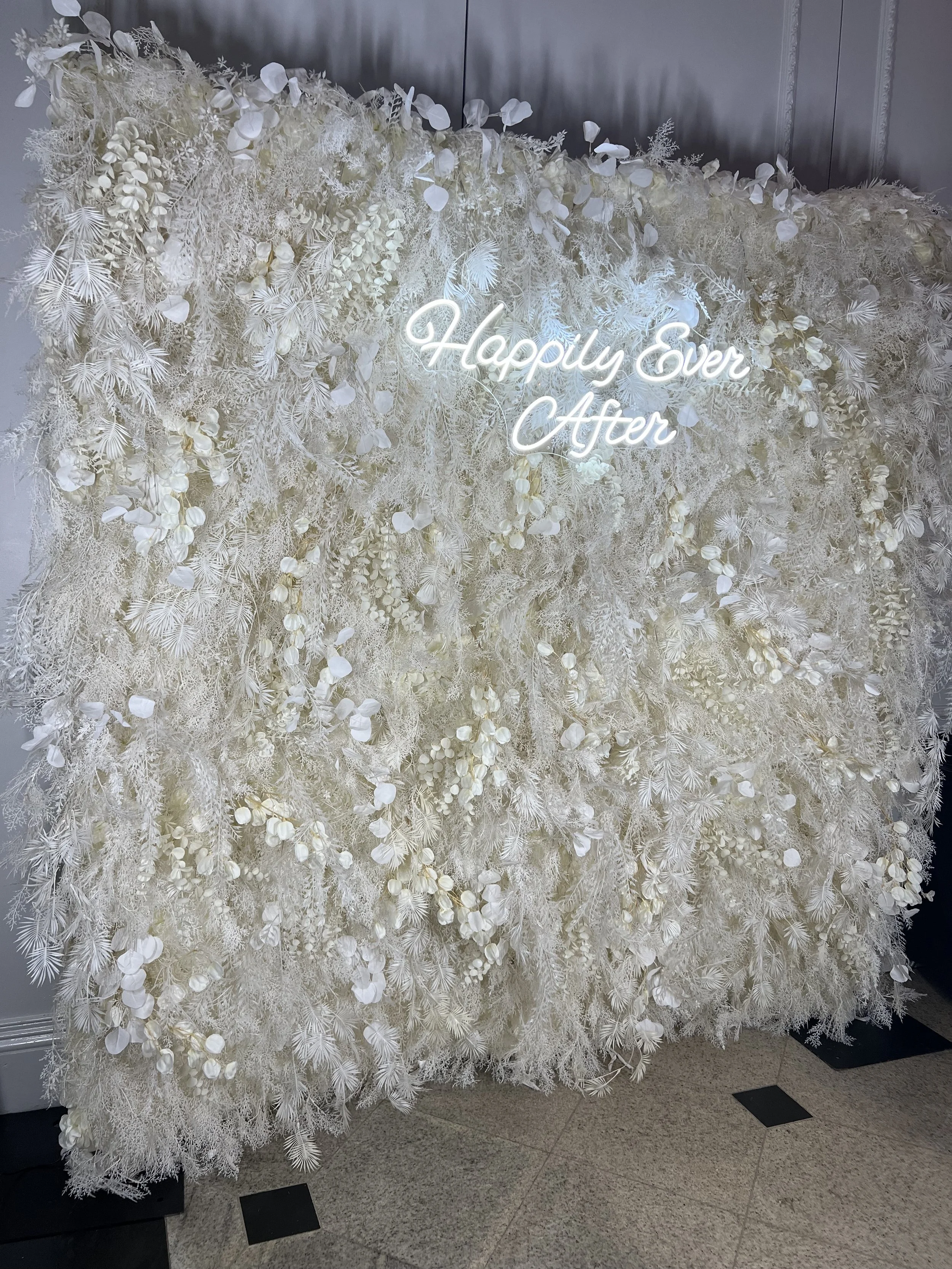 Pampa ivory pampas flower wall with a Happily Ever After neon sign, by Blooms by Lily