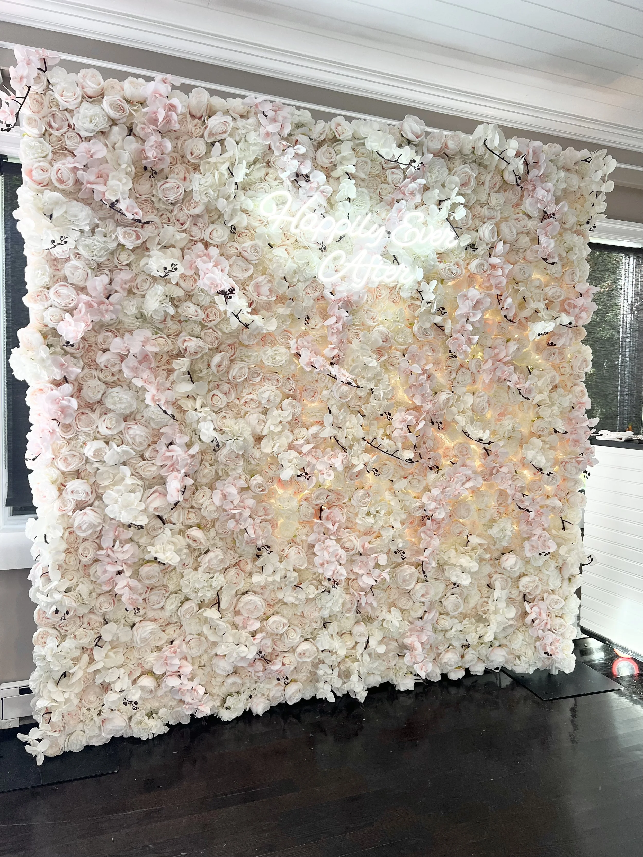 Mia blush and ivory flower wall with a Happily Ever After neon sign, by Blooms by Lily
