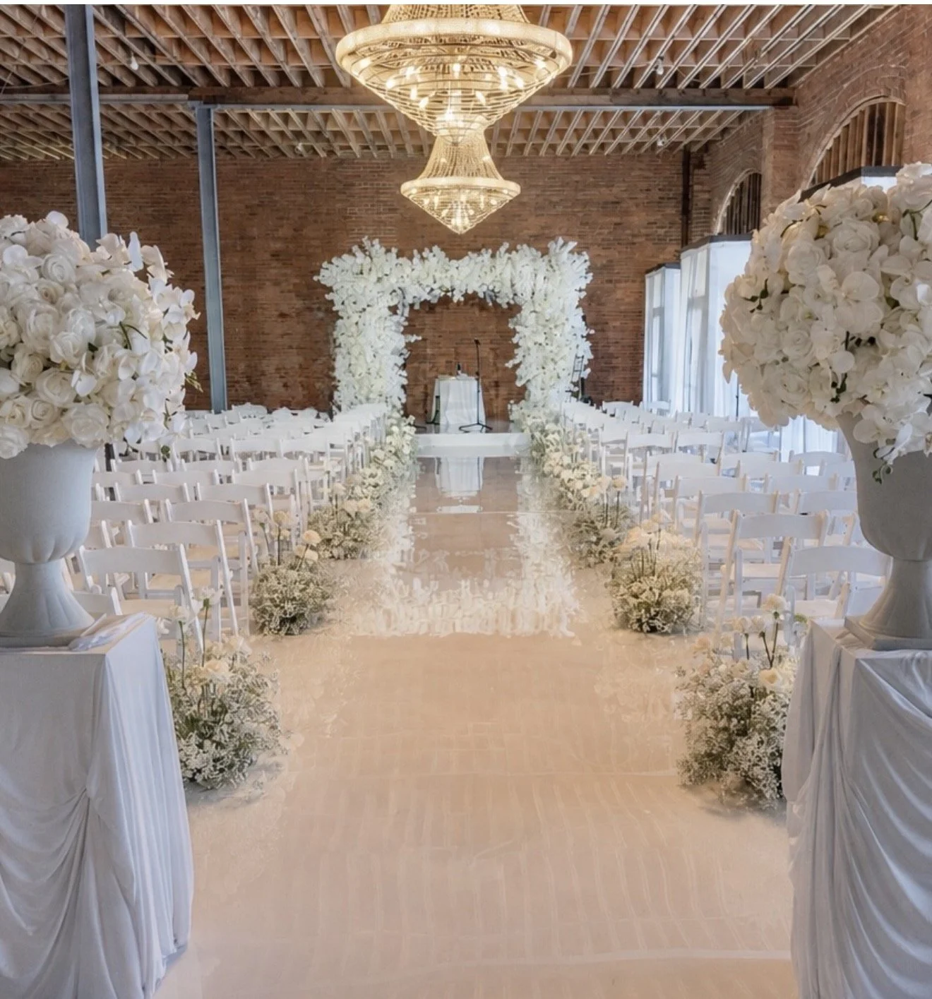 Chuppah, aisle decor and acrylic aisle runner for wedding in Montclair NJ Florist decor floral pedestals 