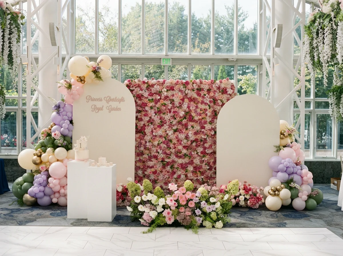 Rose flower wall with arched walls and a custom sign for Princess Charleigh’s Bridgerton first birthday in The Conservatory at The Madison Hotel, NJ, by Blooms by Lily