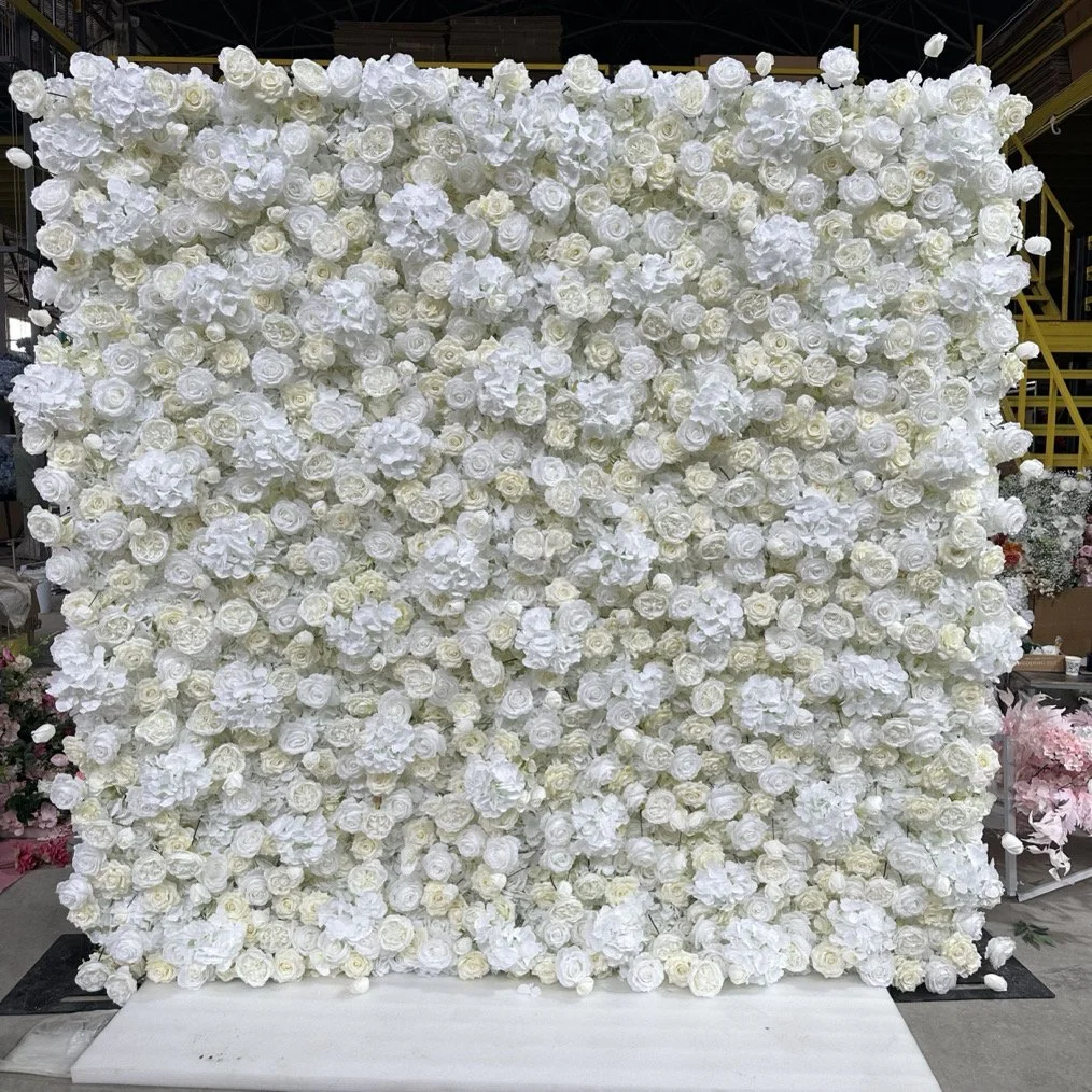 Madison ivory and white rose and hydrangea 5D flower wall, by Blooms by Lily