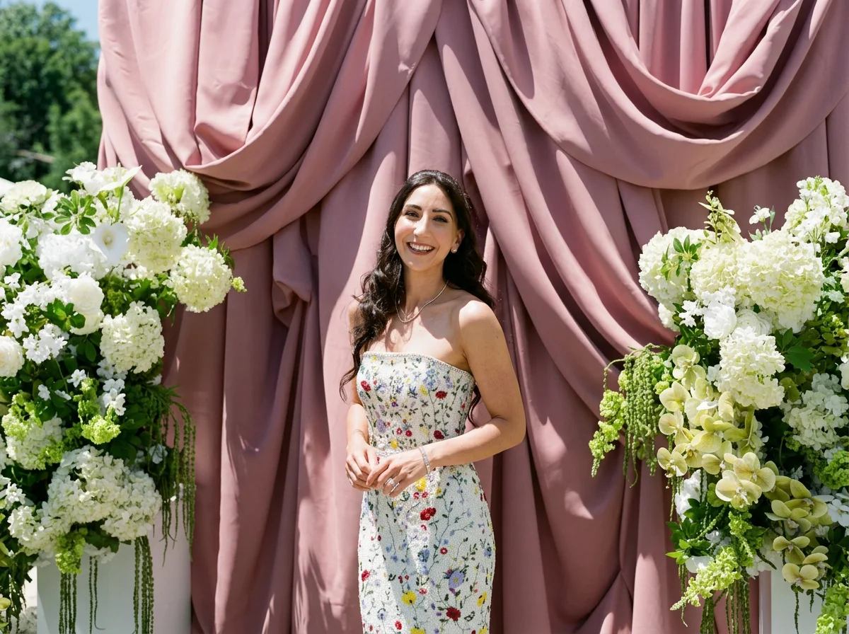 Bride-to-be in front of a dusty rose draped backdrop with white florals, one of the 2026 bridal shower trends by Blooms by Lily in New Jersey
