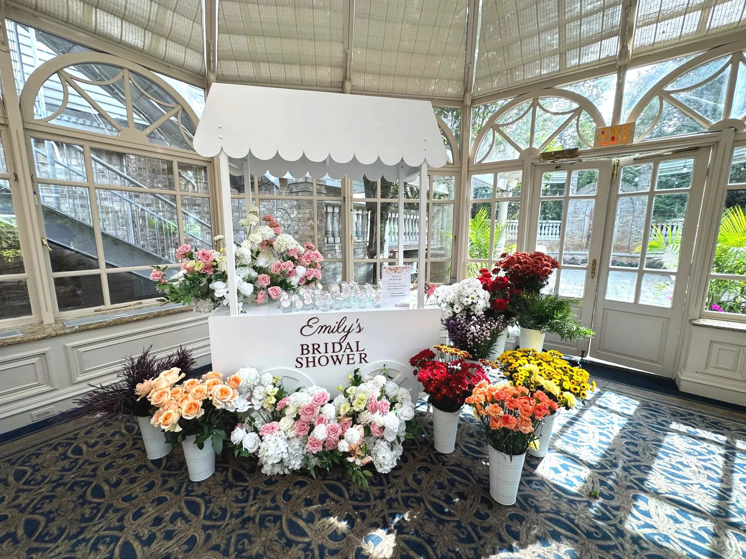 Fall bloom cart with a custom sign, by Blooms by Lily