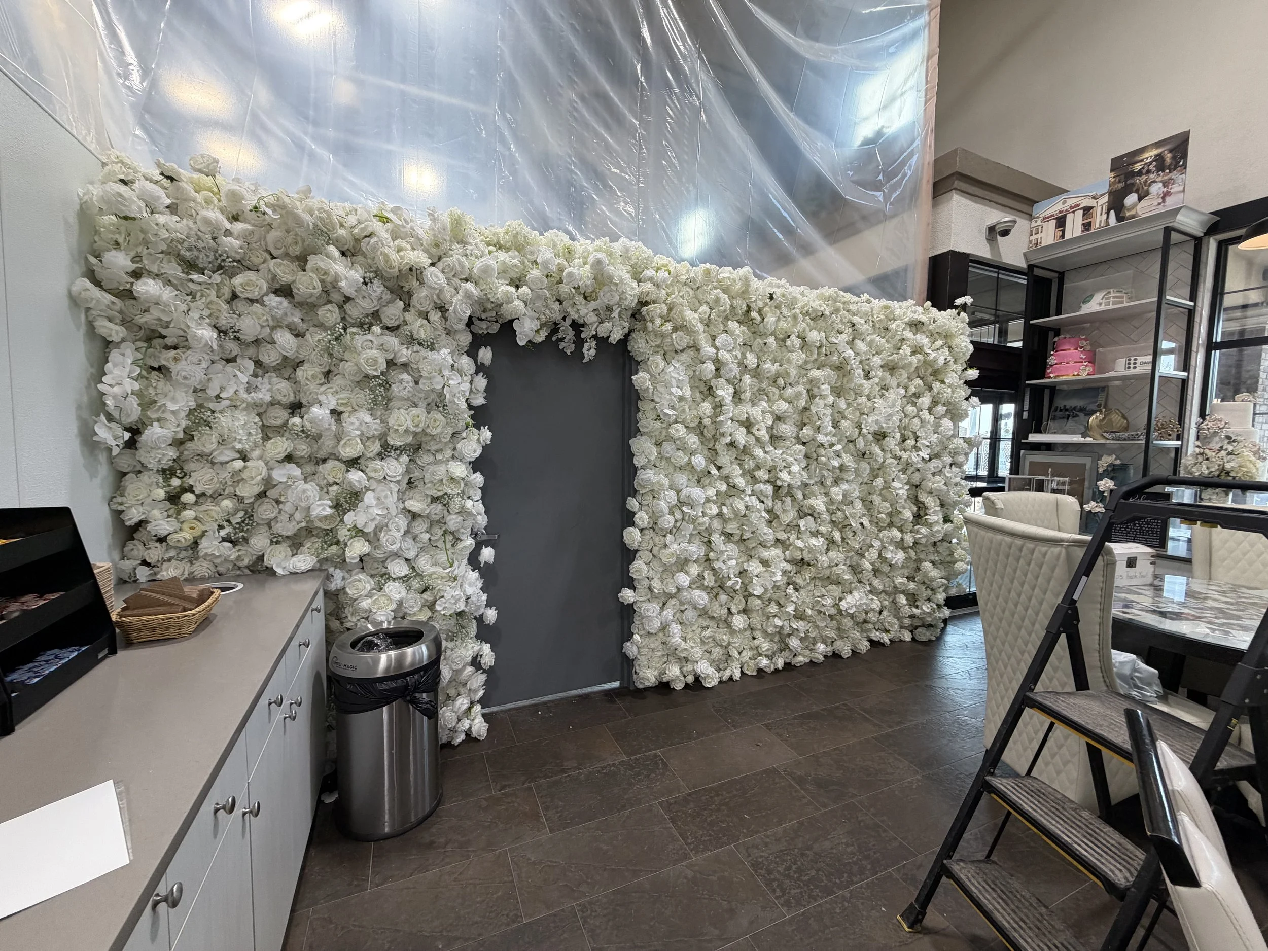 White flower wall designed for an in-store display