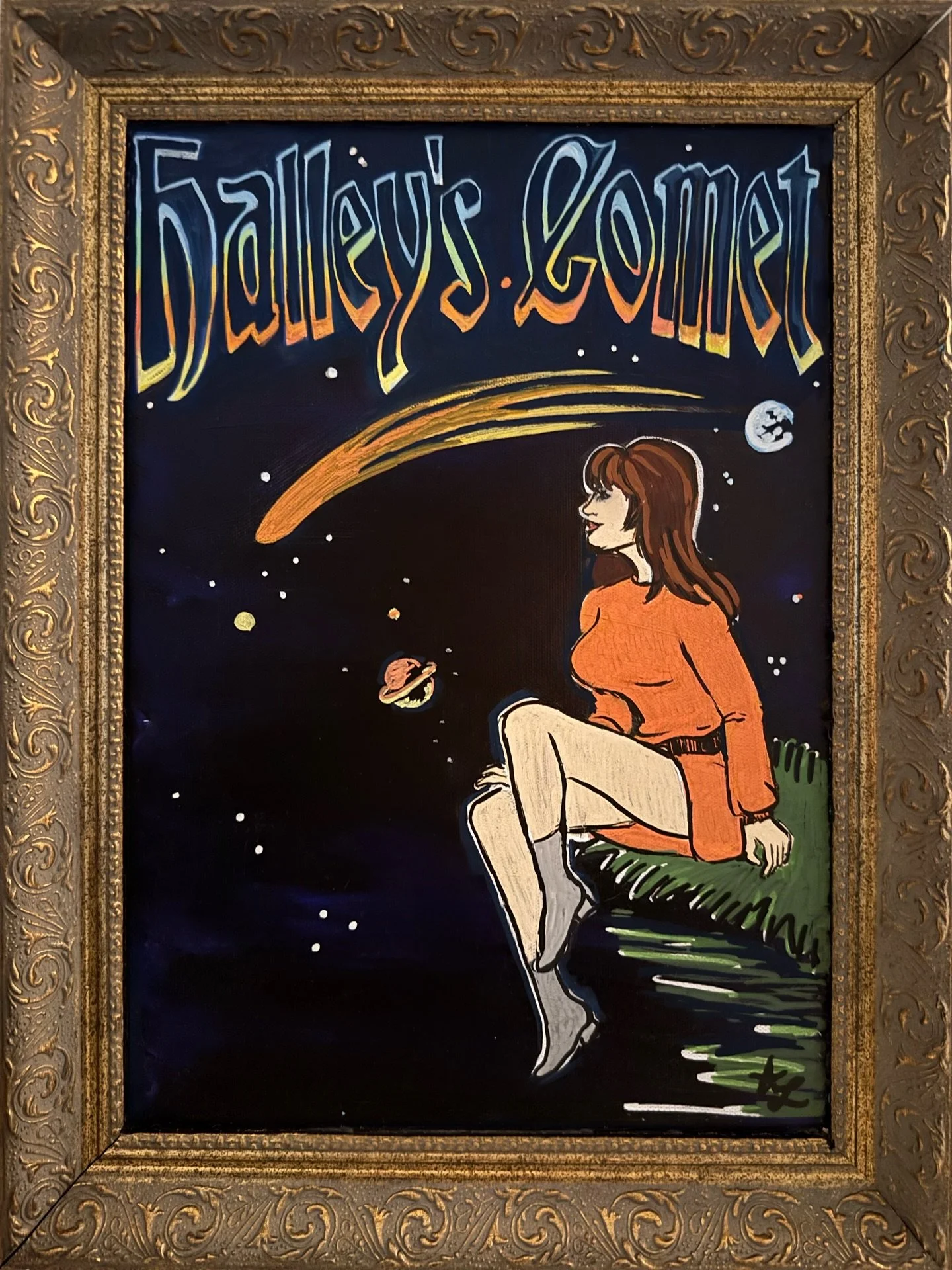 acrylic on canvas made for my friend halley&rsquo;s 30th birthday 🥹🪐☄️ inspired by @billieeilish merchandise made for this song (i changed the hair color lol) 💫✨ halley&rsquo;s been a billie fan since i can remember &amp; this was long over due. i