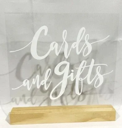 Acrylic "Cards and Gifts" sign with wood stand, qty 1.