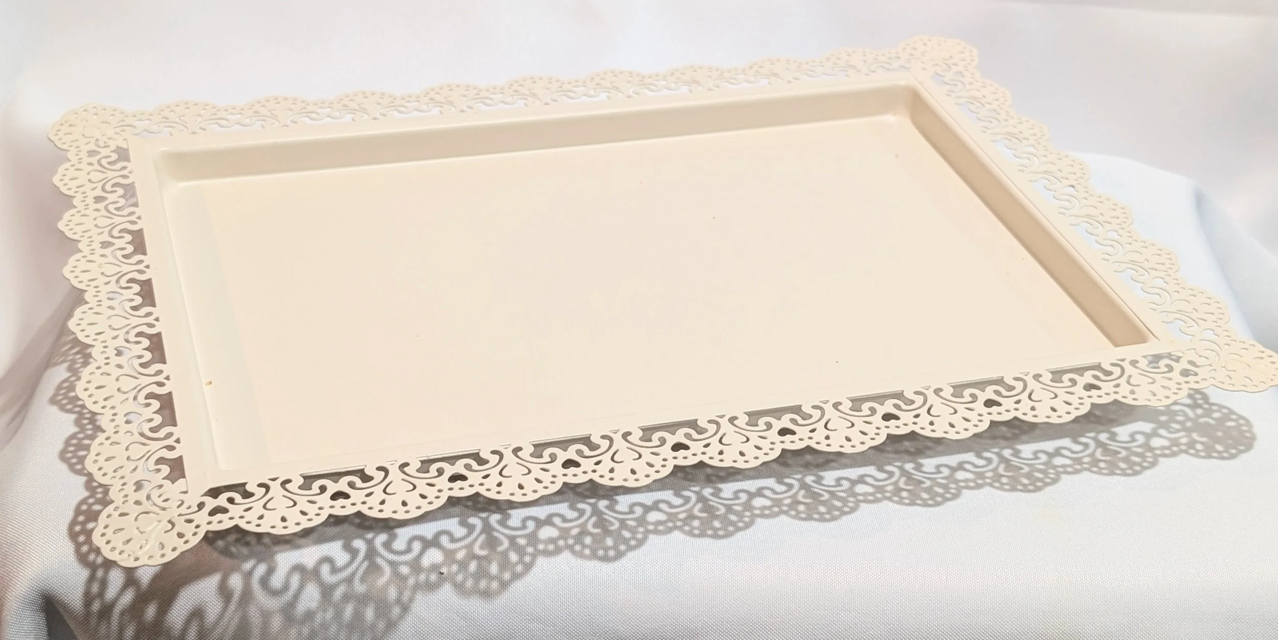 Metal "lace" trimmed tray, size 14-1/2" long x 11" wide. Qty 2.