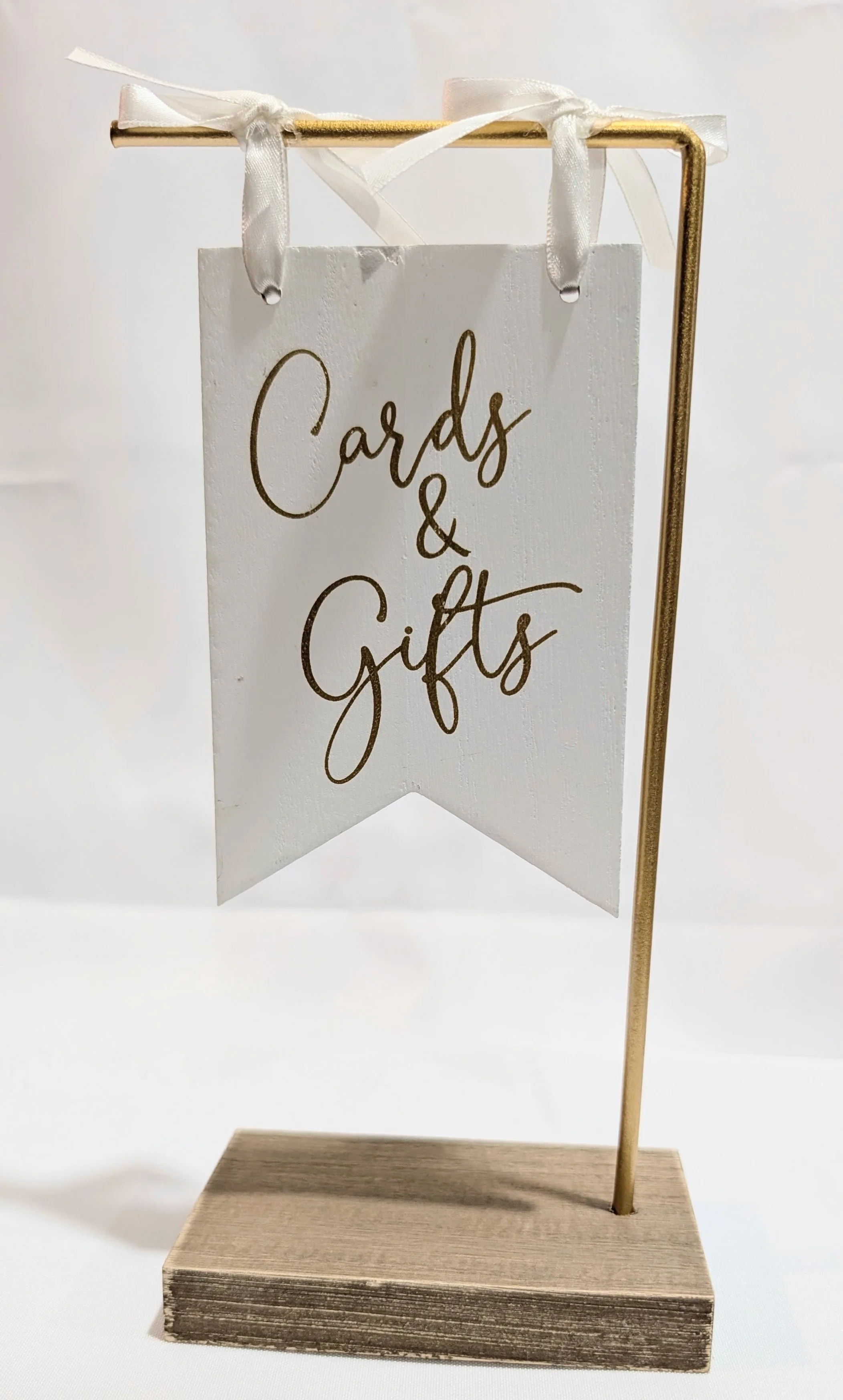 Gold and wood stand with "Cards & Gifts" tied with a ribbon, qty 1