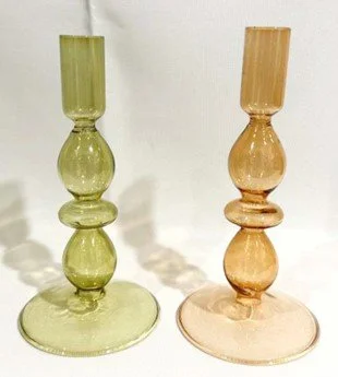 Decorative green and orange glass pieces. Can be used for tapers or stand alone decor. Size 7"H, qty: 5 green & 5 orange.