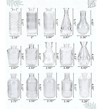 Small glass vases. Assorted sizes and shapes. Qty: 25. 