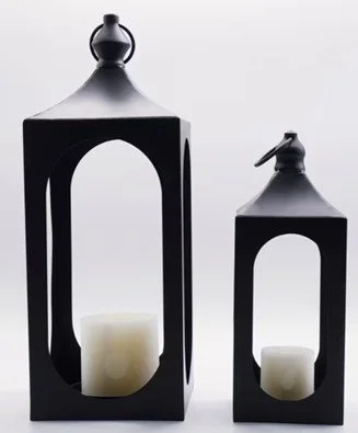 Black lanterns. Qty: 2 large (approx 14" tall), 2 small (approx 10" tall)