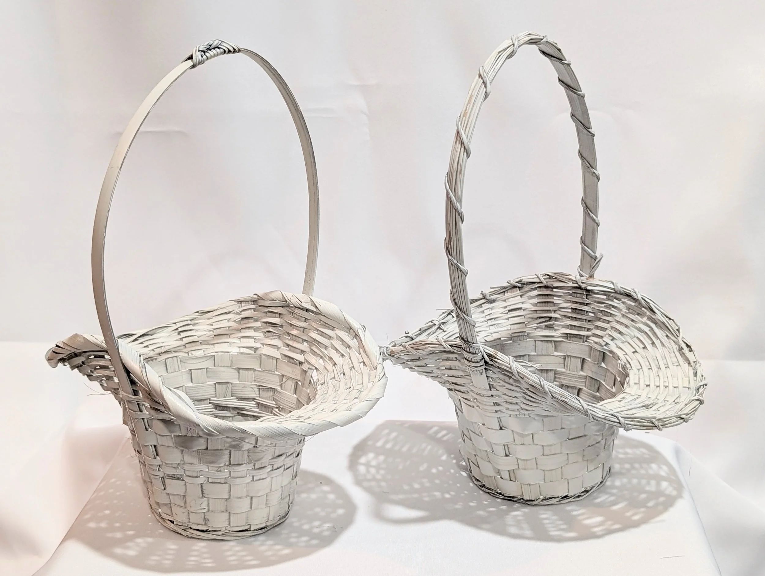 White flower girl baskets, size 9"W, qty 2
