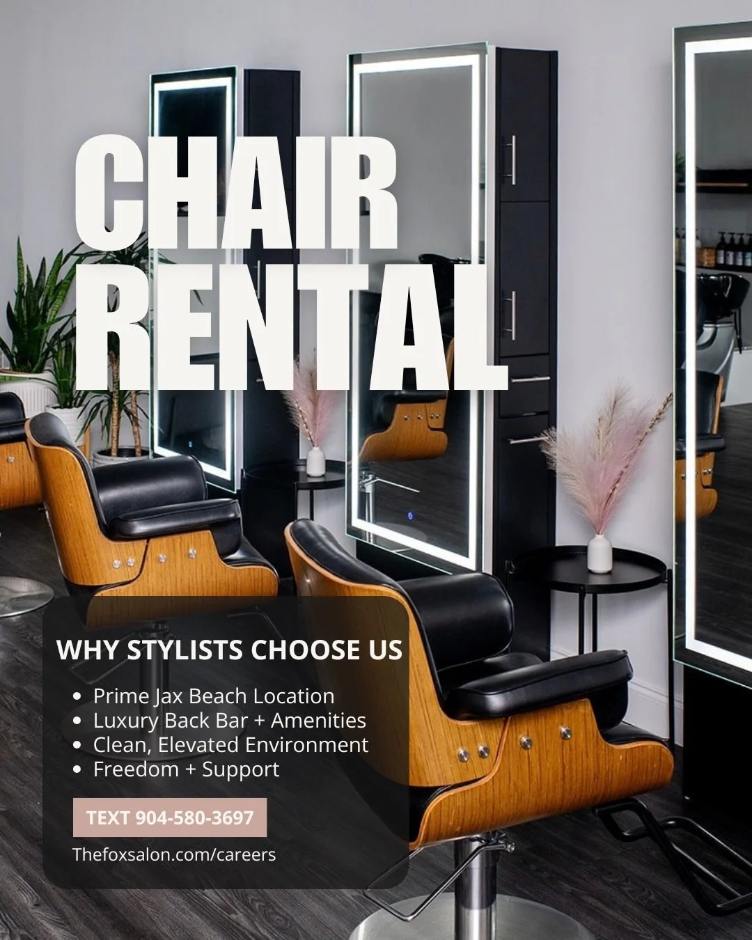 Now offering chair rentals at The Fox Salon ✨

A modern luxury salon in Jacksonville Beach for stylists who value healthy hair, intentional service, continued education, beautiful branding, a peaceful environment and a supportive team culture.

Flexi
