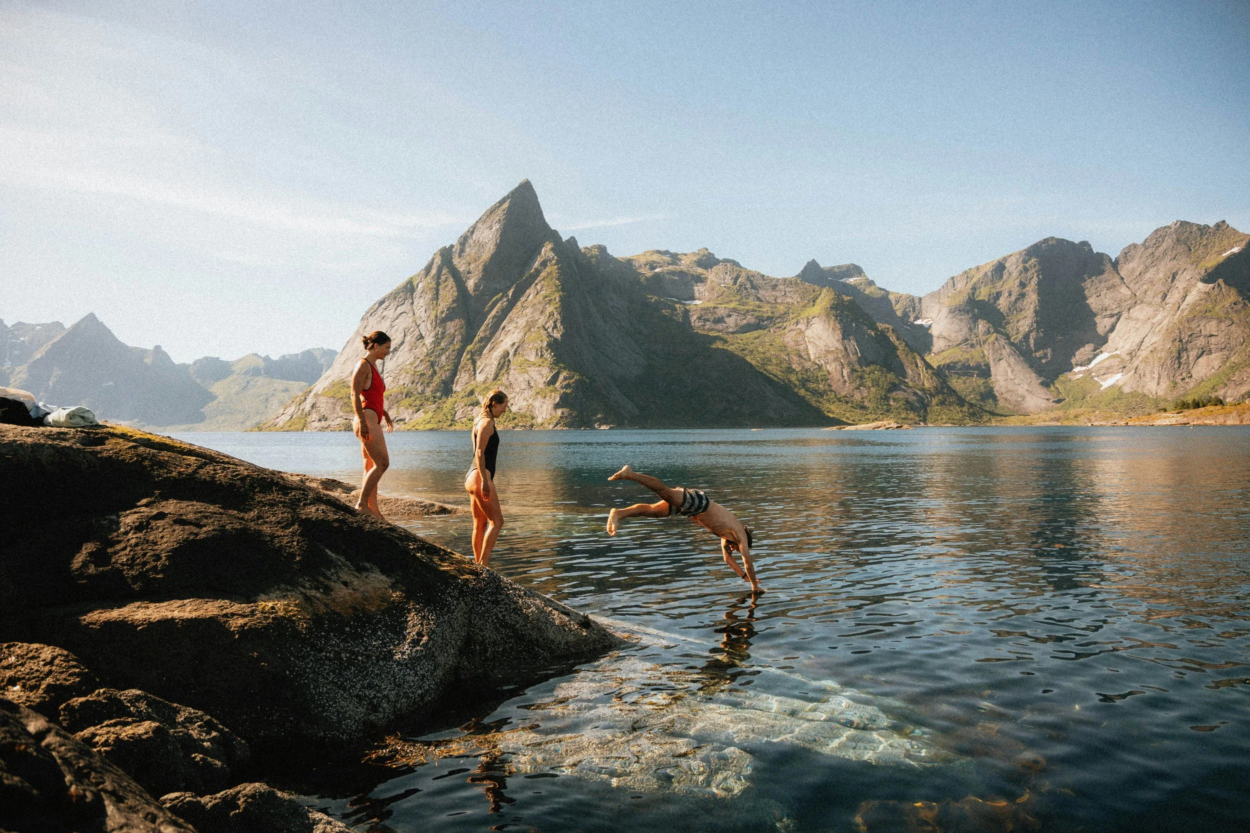 fjord swimming in the Lofoten Islands of Norway