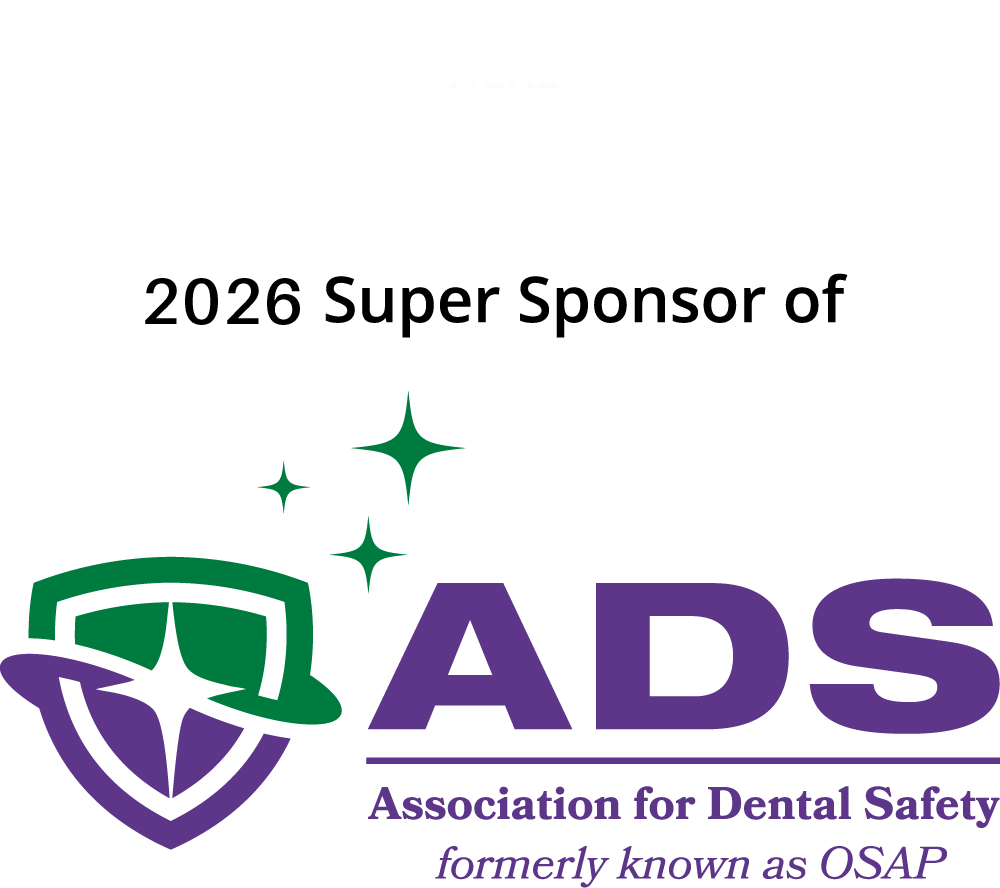 Logo of the Association for Dental Safety, showing a shield with a dental tool and stars, with text indicating sponsorship of the 2025 event, and mentioning the association's former name as OSAP.