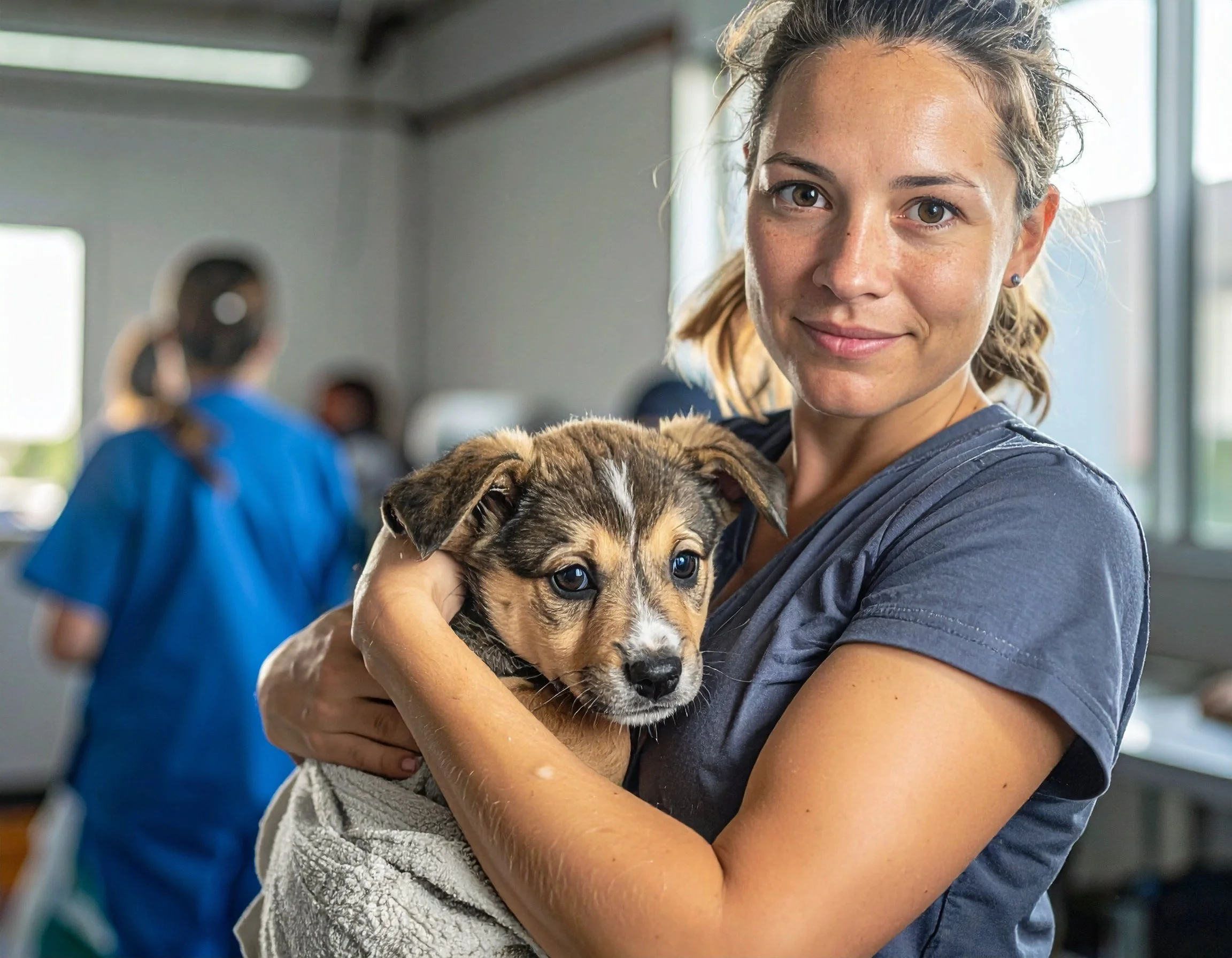 Woman holding puppy in shelter